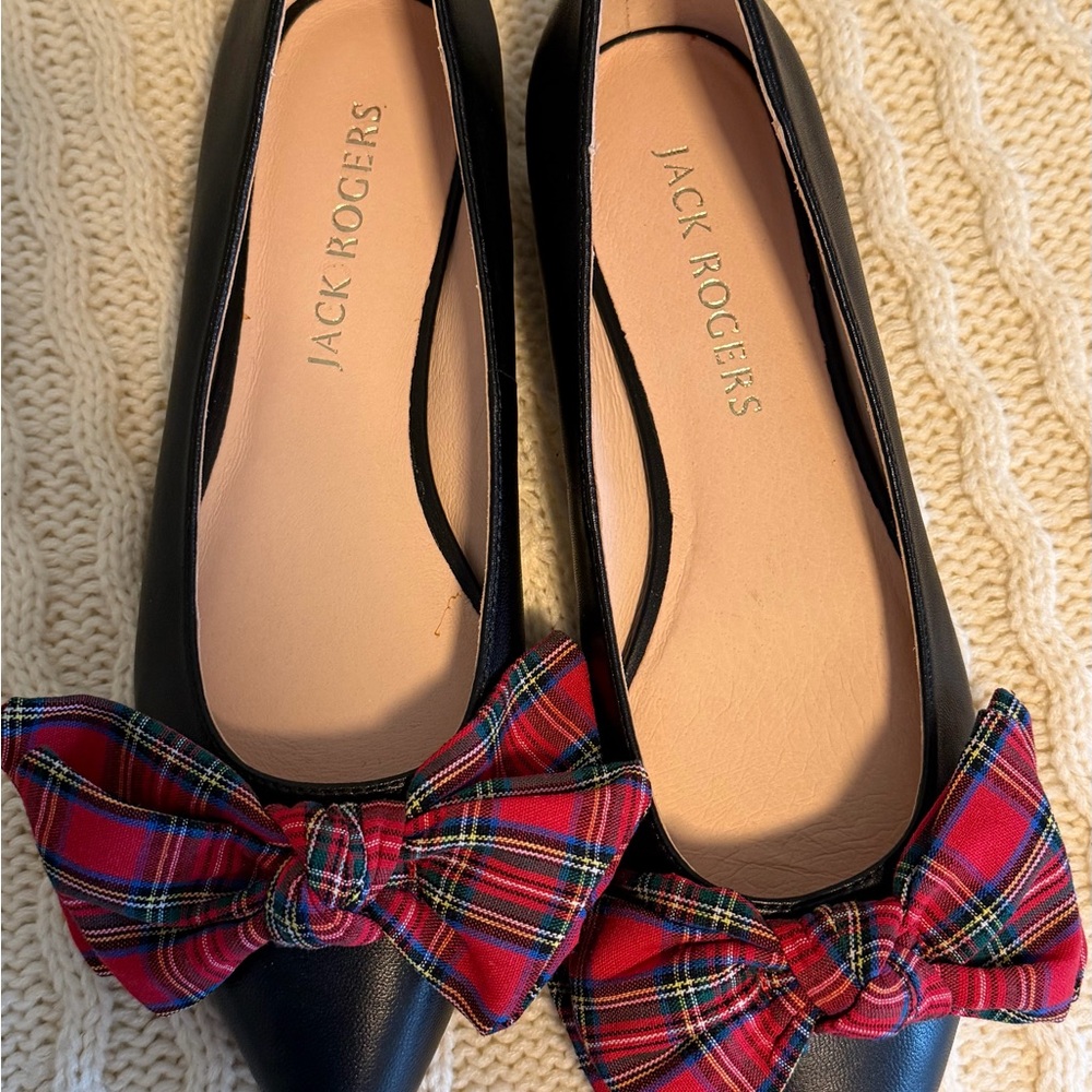 Jack Rogers Black Flats with Red Plaid Bow